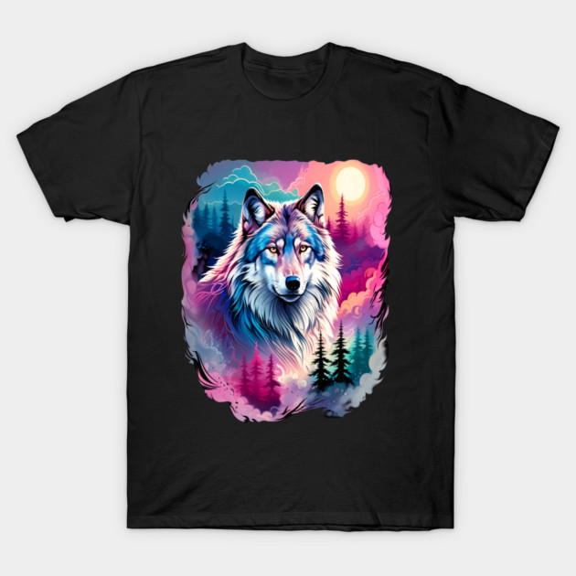A Grey Wolf with Mountains, Floral Elements, Forests, Trees T-Shirt by BirdsnStuff