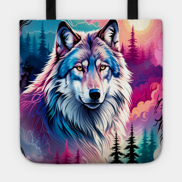 A Grey Wolf with Mountains, Floral Elements, Forests, Trees Tote by BirdsnStuff