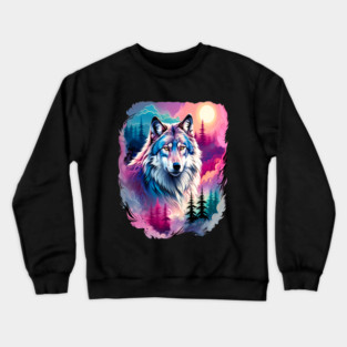 A Grey Wolf with Mountains, Floral Elements, Forests, Trees Crewneck Sweatshirt