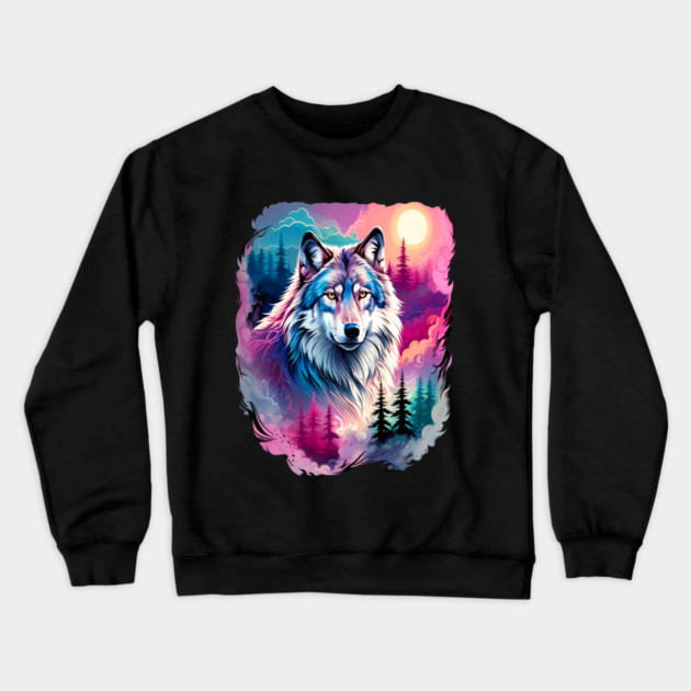 A Grey Wolf with Mountains, Floral Elements, Forests, Trees Crewneck Sweatshirt by BirdsnStuff