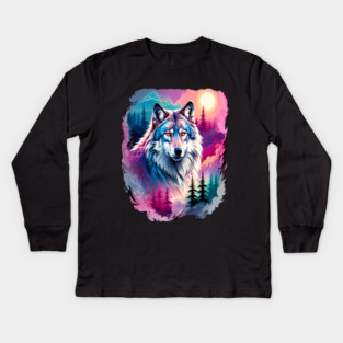 A Grey Wolf with Mountains, Floral Elements, Forests, Trees Kids Long Sleeve T-Shirt