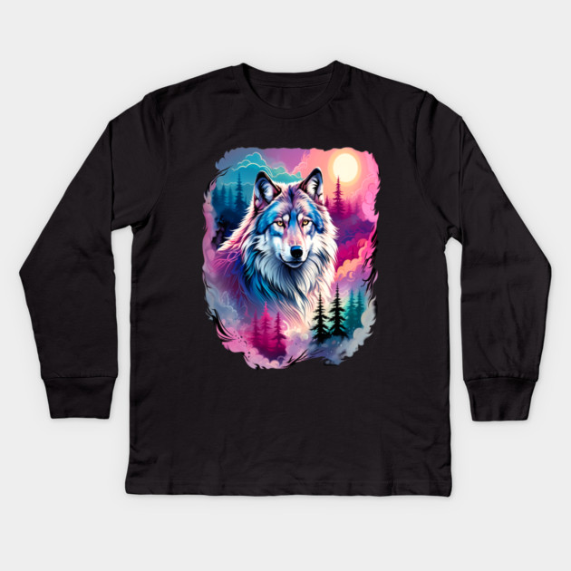 A Grey Wolf with Mountains, Floral Elements, Forests, Trees Kids Long Sleeve T-Shirt by BirdsnStuff