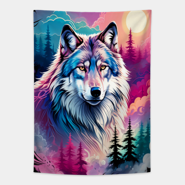 A Grey Wolf with Mountains, Floral Elements, Forests, Trees Tapestry by BirdsnStuff