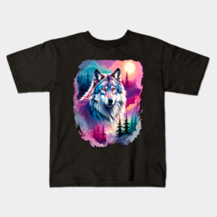 A Grey Wolf with Mountains, Floral Elements, Forests, Trees Kids T-Shirt
