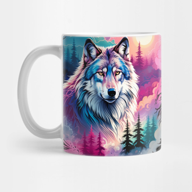 A Grey Wolf with Mountains, Floral Elements, Forests, Trees by BirdsnStuff