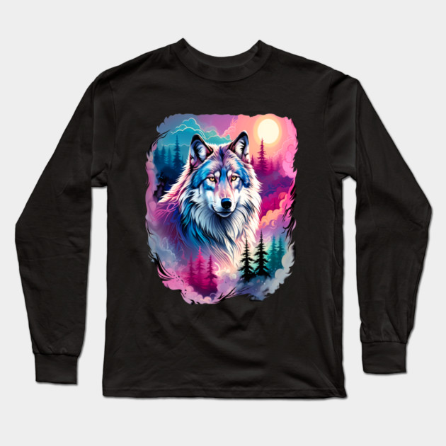 A Grey Wolf with Mountains, Floral Elements, Forests, Trees Long Sleeve T-Shirt by BirdsnStuff