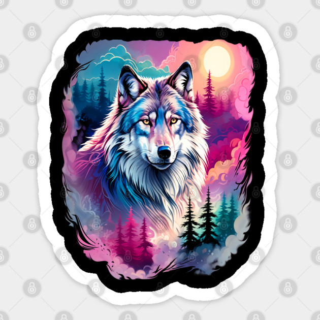 A Grey Wolf with Mountains, Floral Elements, Forests, Trees Sticker by BirdsnStuff