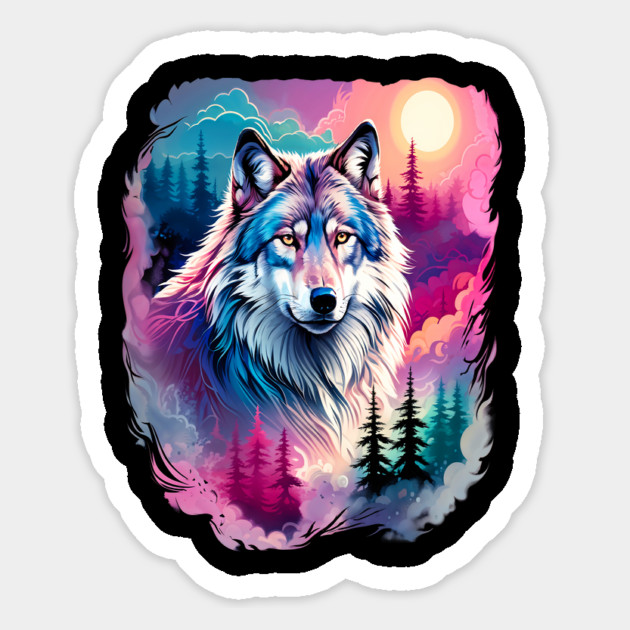 A Grey Wolf with Mountains, Floral Elements, Forests, Trees Magnet by BirdsnStuff