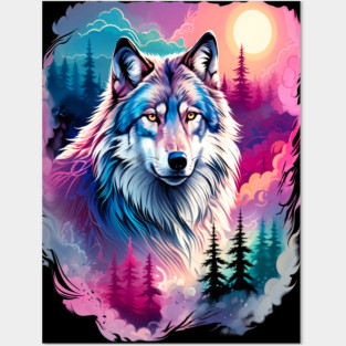 A Grey Wolf with Mountains, Floral Elements, Forests, Trees Posters and Art