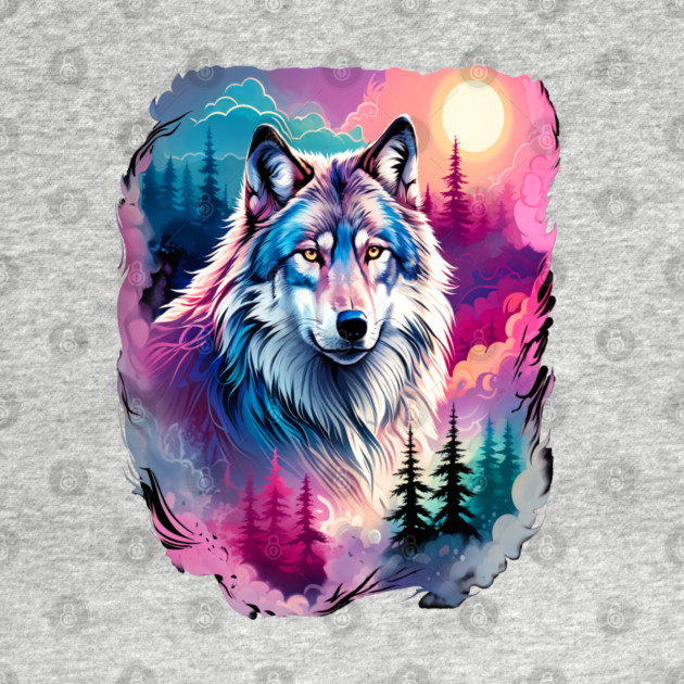 A Grey Wolf with Mountains, Floral Elements, Forests, Trees by BirdsnStuff
