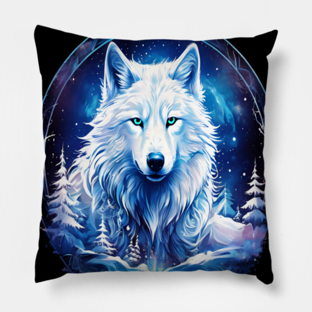 A White Wolf with Mountains, Floral Elements, Forests, Trees Pillow by BirdsnStuff