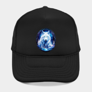 A White Wolf with Mountains, Floral Elements, Forests, Trees Hat
