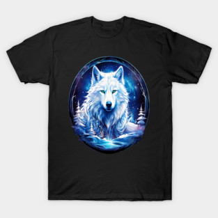 A White Wolf with Mountains, Floral Elements, Forests, Trees T-Shirt