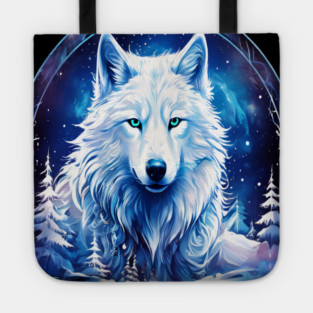 A White Wolf with Mountains, Floral Elements, Forests, Trees Tote