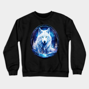 A White Wolf with Mountains, Floral Elements, Forests, Trees Crewneck Sweatshirt