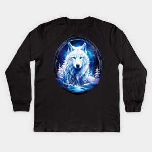 A White Wolf with Mountains, Floral Elements, Forests, Trees Kids Long Sleeve T-Shirt