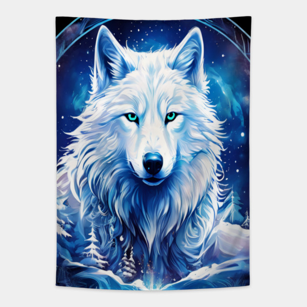 A White Wolf with Mountains, Floral Elements, Forests, Trees Tapestry by BirdsnStuff