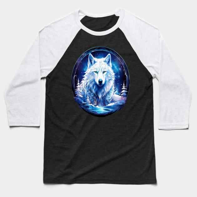 A White Wolf with Mountains, Floral Elements, Forests, Trees Baseball T-Shirt by BirdsnStuff