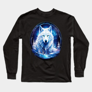 A White Wolf with Mountains, Floral Elements, Forests, Trees Long Sleeve T-Shirt