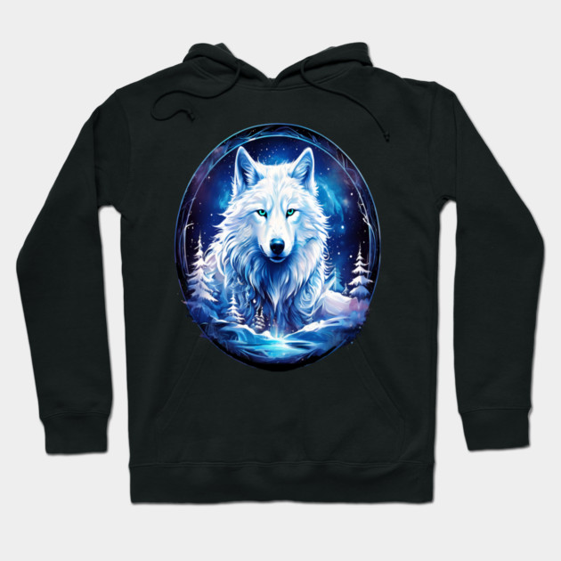 A White Wolf with Mountains, Floral Elements, Forests, Trees Hoodie by BirdsnStuff