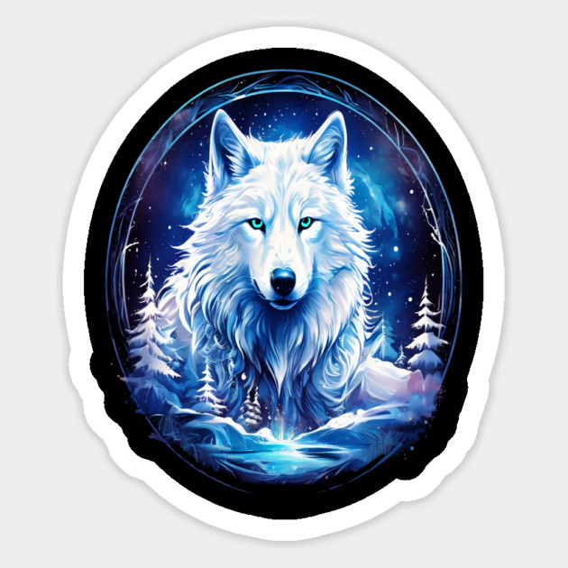 A White Wolf with Mountains, Floral Elements, Forests, Trees Magnet by BirdsnStuff