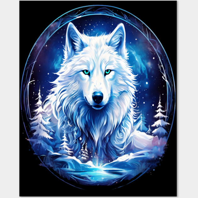 A White Wolf with Mountains, Floral Elements, Forests, Trees Wall Art by BirdsnStuff
