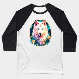 A White Wolf with Mountains, Floral Elements, Forests, Trees Baseball T-Shirt