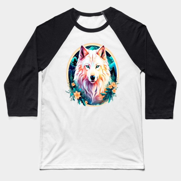 A White Wolf with Mountains, Floral Elements, Forests, Trees Baseball T-Shirt by BirdsnStuff