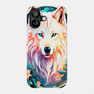A White Wolf with Mountains, Floral Elements, Forests, Trees Phone Case