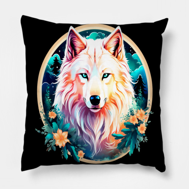 A White Wolf with Mountains, Floral Elements, Forests, Trees Pillow by BirdsnStuff