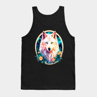 A White Wolf with Mountains, Floral Elements, Forests, Trees Tank Top