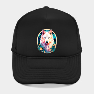 A White Wolf with Mountains, Floral Elements, Forests, Trees Hat