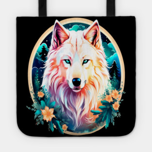 A White Wolf with Mountains, Floral Elements, Forests, Trees Tote