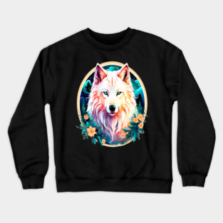 A White Wolf with Mountains, Floral Elements, Forests, Trees Crewneck Sweatshirt