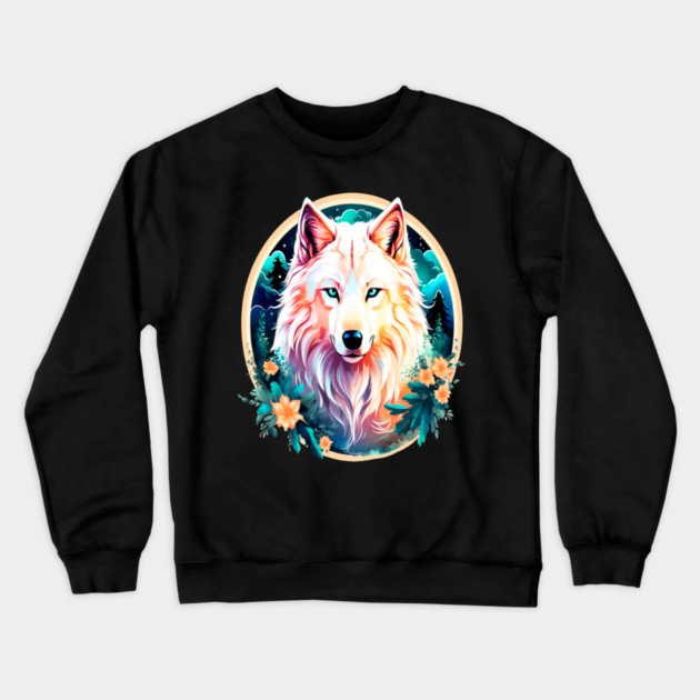 A White Wolf with Mountains, Floral Elements, Forests, Trees Crewneck Sweatshirt by BirdsnStuff