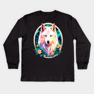 A White Wolf with Mountains, Floral Elements, Forests, Trees Kids Long Sleeve T-Shirt