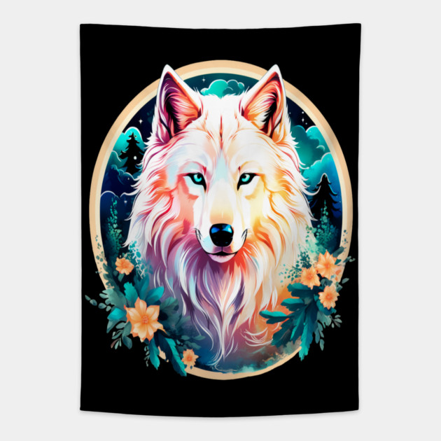 A White Wolf with Mountains, Floral Elements, Forests, Trees Tapestry by BirdsnStuff