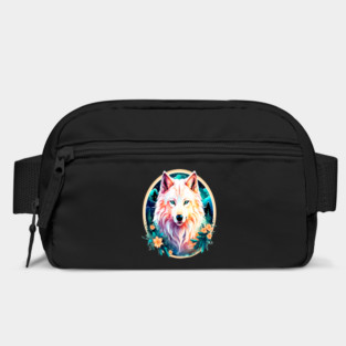 A White Wolf with Mountains, Floral Elements, Forests, Trees Bag