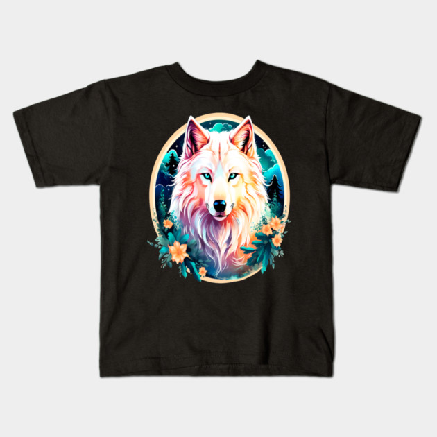 A White Wolf with Mountains, Floral Elements, Forests, Trees Kids T-Shirt by BirdsnStuff