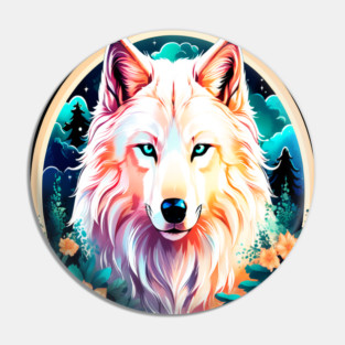 A White Wolf with Mountains, Floral Elements, Forests, Trees Pin