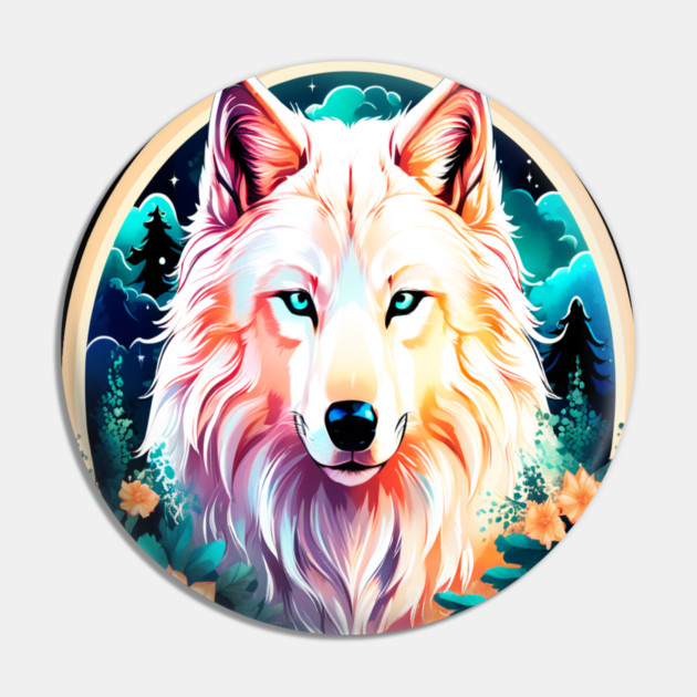 A White Wolf with Mountains, Floral Elements, Forests, Trees Pin by BirdsnStuff