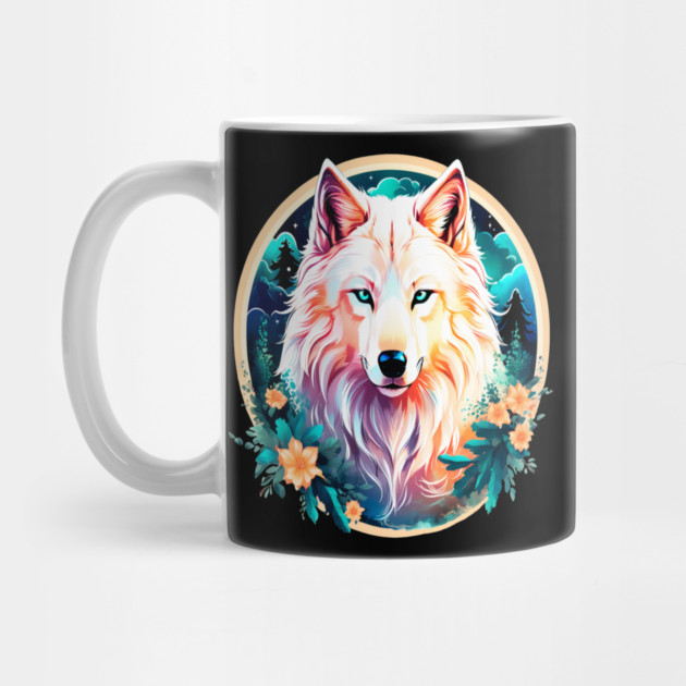 A White Wolf with Mountains, Floral Elements, Forests, Trees by BirdsnStuff