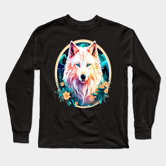 A White Wolf with Mountains, Floral Elements, Forests, Trees Long Sleeve T-Shirt by BirdsnStuff