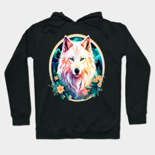 A White Wolf with Mountains, Floral Elements, Forests, Trees Hoodie