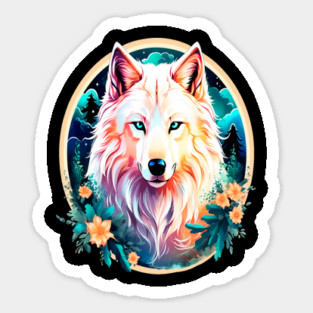 A White Wolf with Mountains, Floral Elements, Forests, Trees Sticker