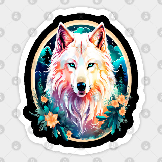 A White Wolf with Mountains, Floral Elements, Forests, Trees Sticker by BirdsnStuff