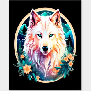 A White Wolf with Mountains, Floral Elements, Forests, Trees Posters and Art