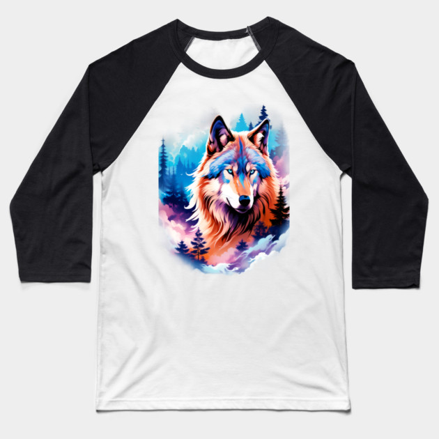 A Grey Wolf with Mountains, Floral Elements, Forests, Trees Baseball T-Shirt by BirdsnStuff