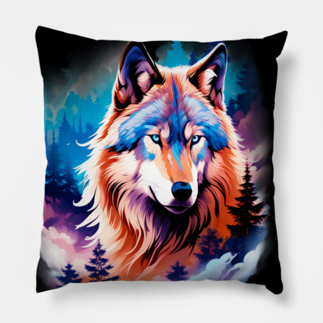 A Grey Wolf with Mountains, Floral Elements, Forests, Trees Pillow by BirdsnStuff