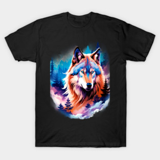 A Grey Wolf with Mountains, Floral Elements, Forests, Trees T-Shirt